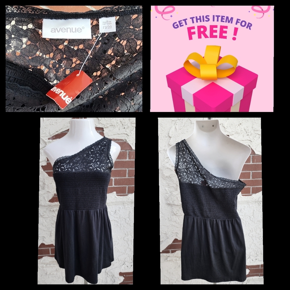 FREE ! 18/20 Avenue Black One-Shoulder Lace Top 18W 20W